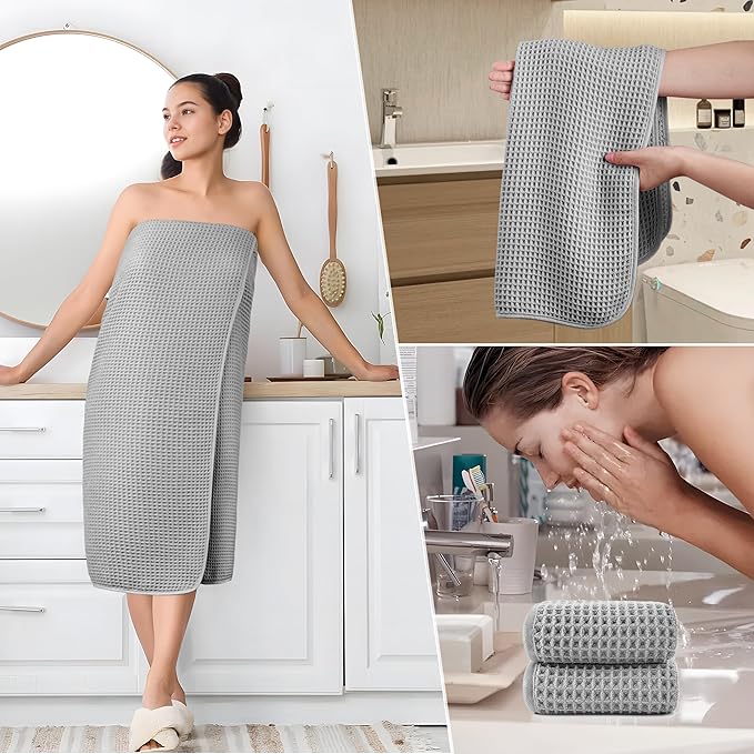 430 GSM Microfiber Quick Dry Lint Free Oversize Bath Towel Set, 6 Piece (Waffle Weave)