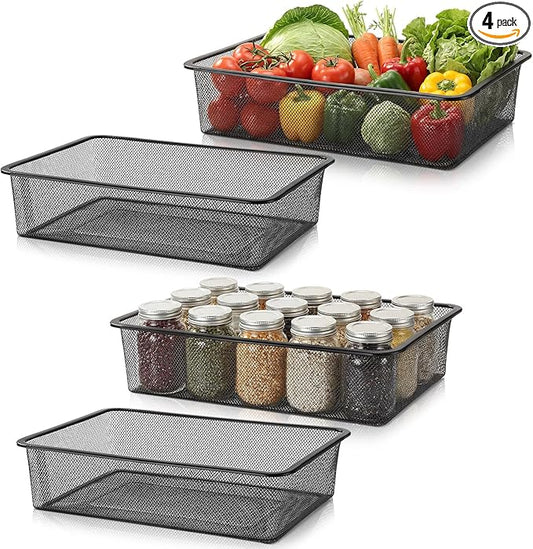 4 Pcs Metal Wire Basket Metal Mesh Basket Pantry Organizers Bin Containers for Home Organizing Cabinet Pantry Closet Kitchen Fridge Fruit Makeup Snacks Gifts(Black,Large)