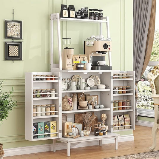 51" Pantry Cabinet, Kitchen Pantry Storage Cabinet with, Storage Shelves, Modern Kitchen Hutch with Microwave Stand, Adjustable Shelves, Food Pantry Cabinet for Dining Room (White)