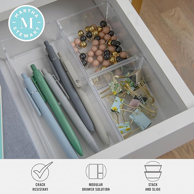 Martha Stewart Brody Desktop Storage Organizer, Stack and Slide Plastic Organizer Tray, Organizer for Office, Kitchen, or Vanity, 2-S, 1-M