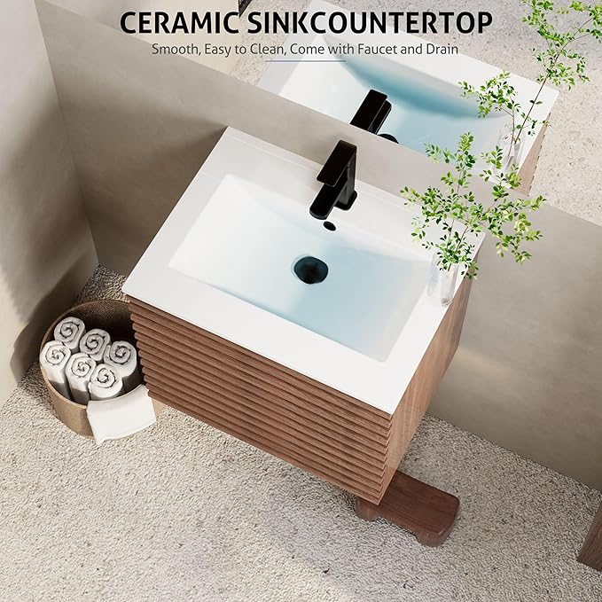 eclife 24" Floating Bathroom Vanity with Sink Combo Mid-Century Wall Mounted Cabinet with Wood Stripes Decor, Drawers, Undermount Sink, Faucet, Drain, Cocoa Brown