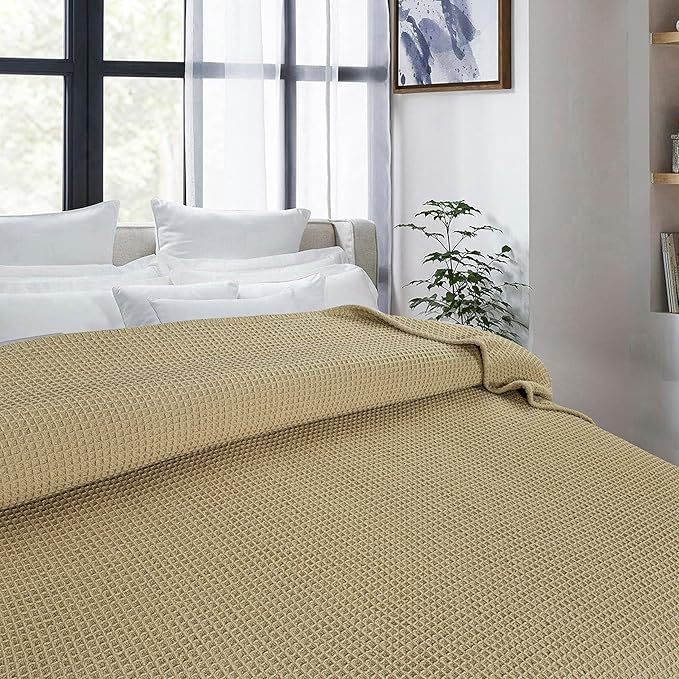 Bed & Bath Home Premium 100% Cotton Waffle Weave Blanket Queen Size – Soft Breathable Lightweight Comfort, Natural All-Season Bed Blanket, Easy-Care Bedspread for Bed & Couch (Khaki)