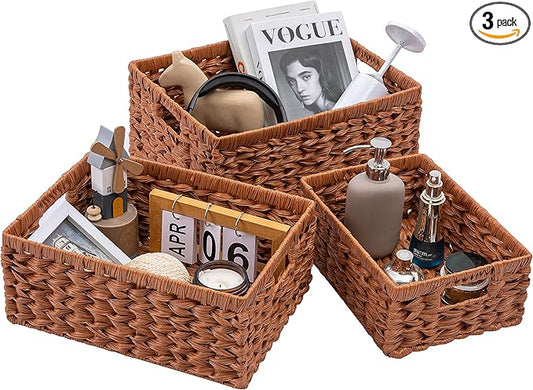 Set of 3 Wicker Storage Baskets, Decorative Baskets With Built-in Handles, Multipurpose Nesting Countertop Baskets for Shelves, Kitchen Organizers, Pantry, Bathroom, Toilet, Closet (Natural)
