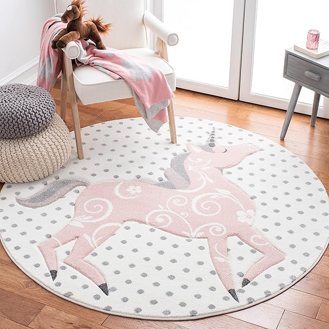 SAFAVIEH Carousel Kids Collection Area Rug - 3' Round, Ivory Grey & Pink, Non-Shedding & Easy Care, Ideal for High Traffic Areas for Boys & Girls in Playroom, Nursery, Bedroom (CRK163B)