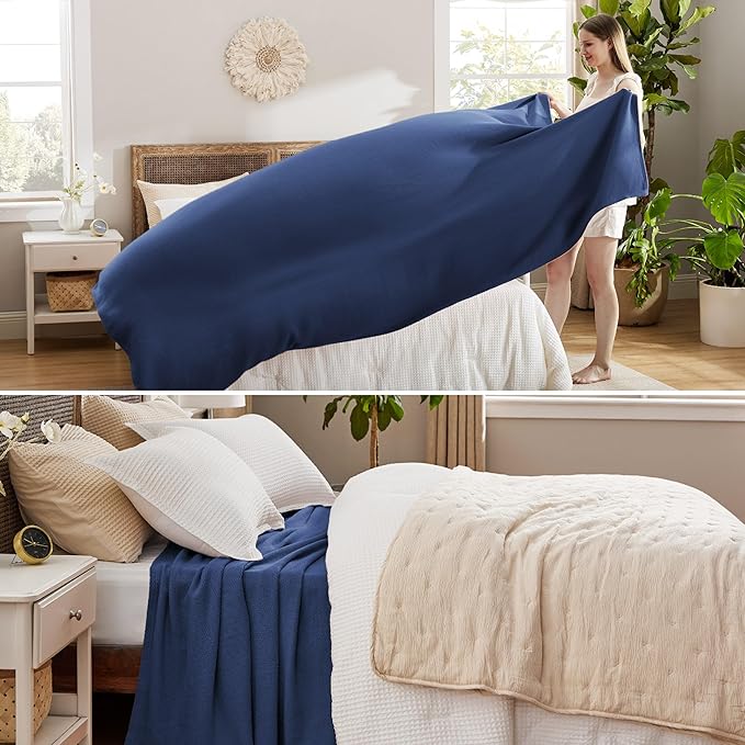Bedsure GentleSoft 100% Cotton Large Blanket Oversized King for Bed 120x94 inches - Breathable Soft Cozy Herringbone Woven Blanket for Summer, Couch Cover, Navy Blue