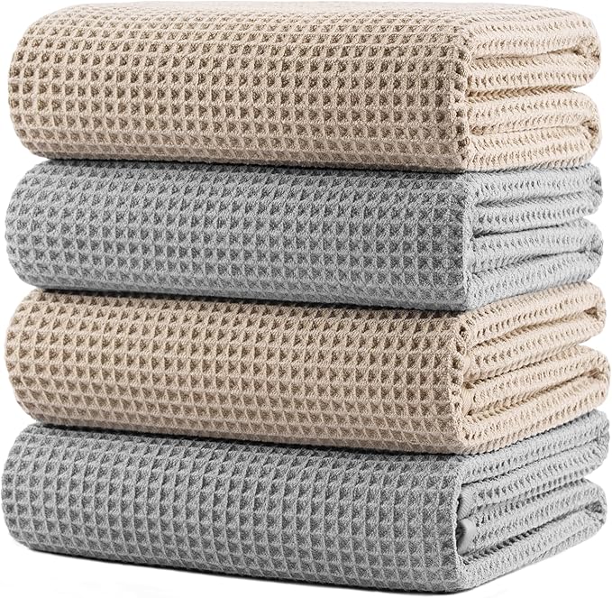 430 GSM Microfiber Oversize Quick Dry Lint Free Bath Towel, 60 x 30 in, 4 Pack (Waffle Weave)