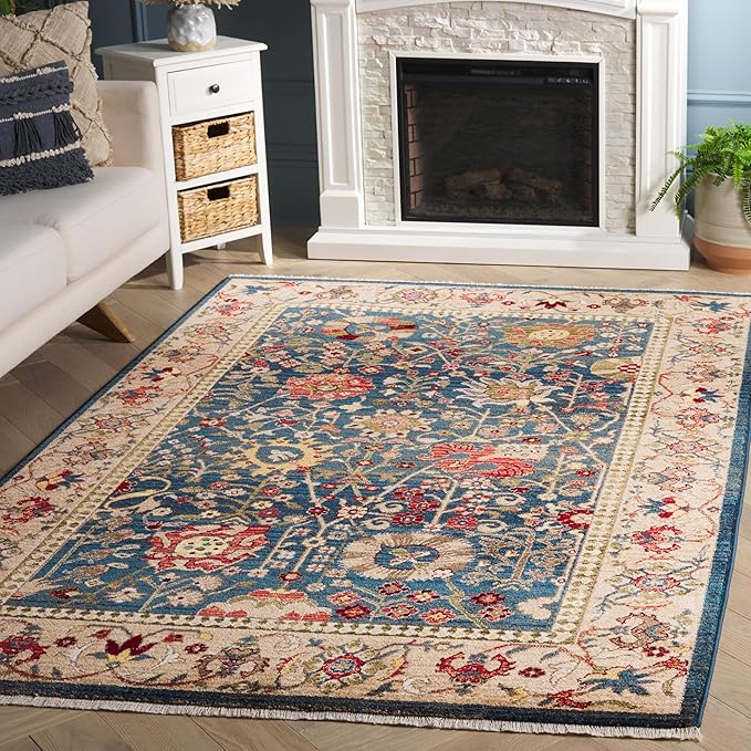 SAFAVIEH Kashan Collection Area Rug - 6'7" x 9', Blue & Tan, Traditional Design, Stain Resistant, Ideal for High Traffic Areas in Living Room, Bedroom & Dining Room (KSN303G-6)
