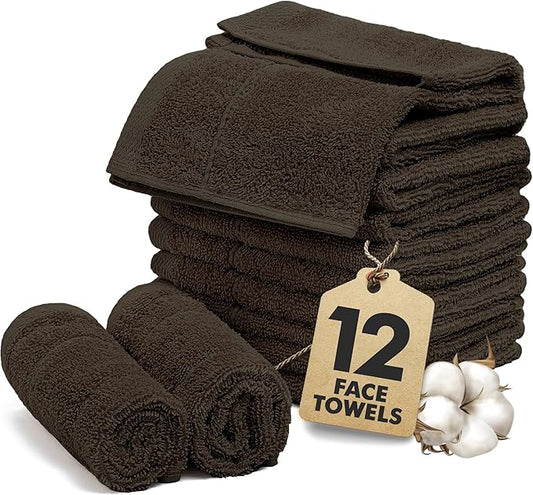 Face Towels Pack of 12 – 100% Cotton Wash Cloths (12x12 inch) – Soft, Quick Dry & Highly Absorbent Hand Towels for Bathroom, Spa, Gym, Kitchen and for Daily Use - (Dark Brown)