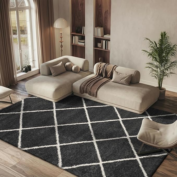 SAFAVIEH Hudson Shag Collection Area Rug - 8' x 10', Dark Grey & Ivory, Modern Trellis Design, Non-Shedding & Easy Care, 2-inch Thick Ideal for High Traffic Areas in Living Room, Bedroom (SGH281G)