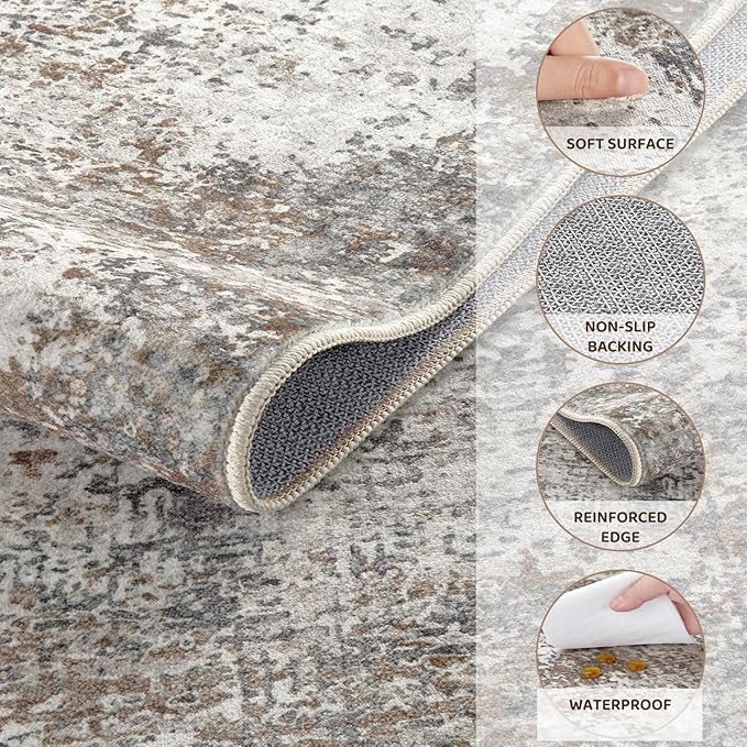 Area Rug Living Room Rugs - 8x10 Washable Large Soft Indoor Neutral Modern Abstract Low Pile Rug Carpet for Bedroom Dining Room Farmhouse Home Office - Brown/Grey/Black