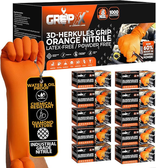Herkules Grip Heavy Duty 8Mil Orange Nitrile Gloves,3D Raised Diamond Texture-Latex & Powder Free-Industrial, Mechanic (10, Large)