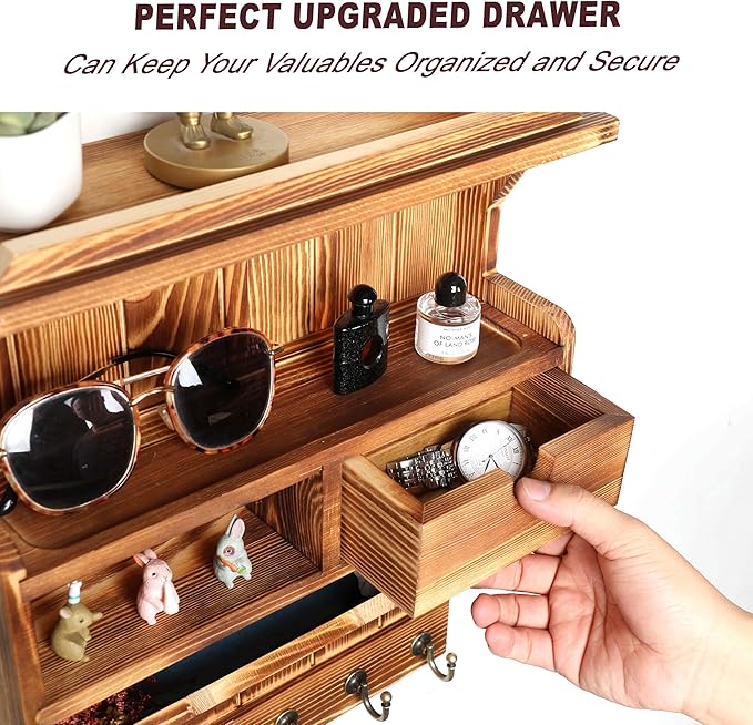 Key Holder for Wall, Elegant Wall-Mounted Mail Organizer with Storage Drawers, Brown