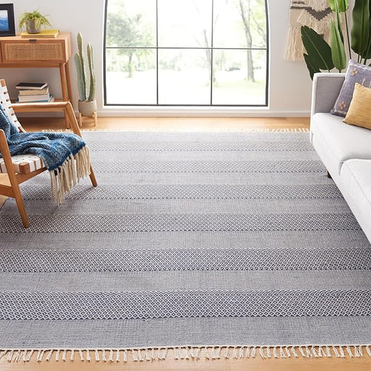 SAFAVIEH Montauk Collection Area Rug - 9' x 12', Ivory & Navy, Handmade Flat Weave Boho Farmhouse Cotton Tassel Fringe, Ideal for High Traffic Areas in Living Room, Bedroom (MTK330B)