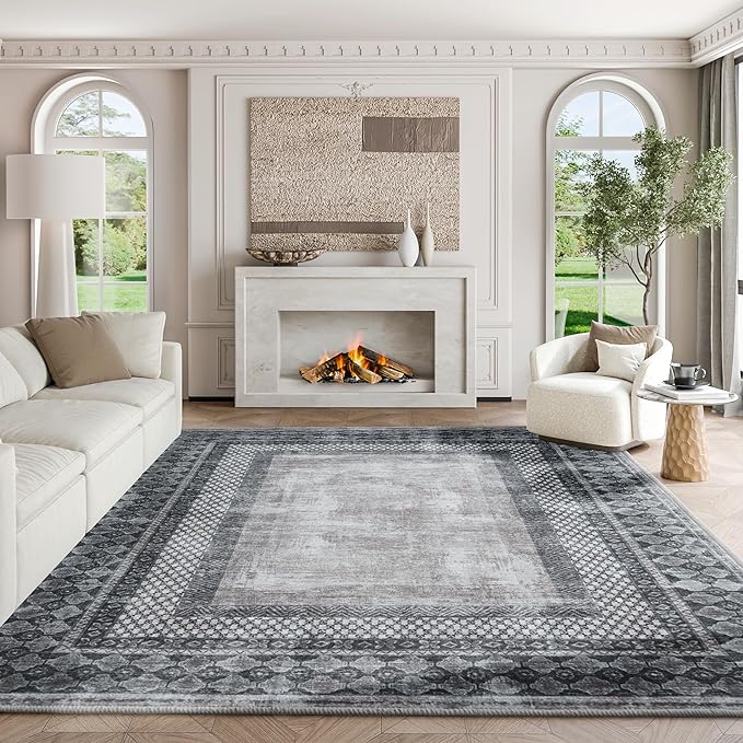 NICETOWN 8x10 Washable Area Rugs, Boho Non-Slip 8x10 Large Rugs Faux Wool Vintage Living Room Rugs, Thin Soft Vintage Carpet Door Mat Entrance for Kitchen, Laundry, Bathroom, Bedroom, Grey