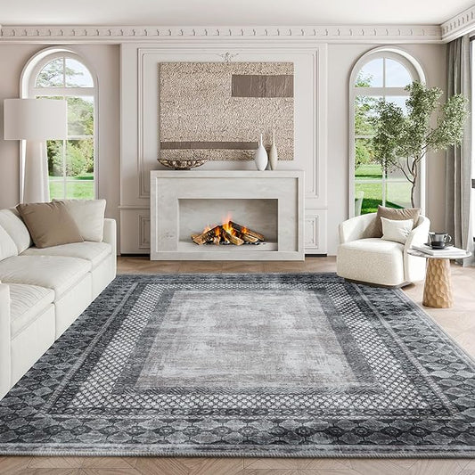 NICETOWN 8x10 Washable Area Rugs, Boho Non-Slip 8x10 Large Rugs Faux Wool Vintage Living Room Rugs, Thin Soft Vintage Carpet Door Mat Entrance for Kitchen, Laundry, Bathroom, Bedroom, Grey