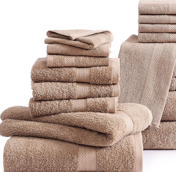 LANE LINEN 18 Piece Cotton Towel Set - Soft, Absorbent & Perfect Family Set - 4 Bath, 8 Washcloths, 6 Hand Towels for Bathroom - Ideal for Home, Spa & Gym - Quality You Can Trust - Taupe