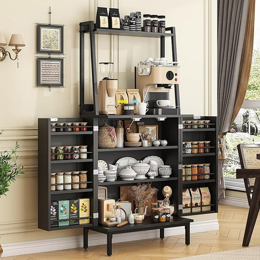 51” Pantry Cabinets with Microwave Shelves, Small Kitchen Pantry Storage Cabinet with Adjustable Shelves, Freestanding Buffet Cupboards Sideboard for Kitchen, Dining Room, Living Room Use (Black)