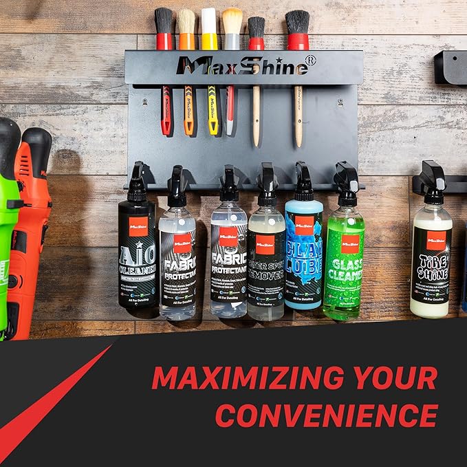 Universal Brush & Trigger Bottle Holder – Wall-Mount Organizer Holds 10 Brushes & 6 Spray Bottles – Black Powder-Coated Metal Rack for Garage, Auto Detailing Shop & Car Care Storage