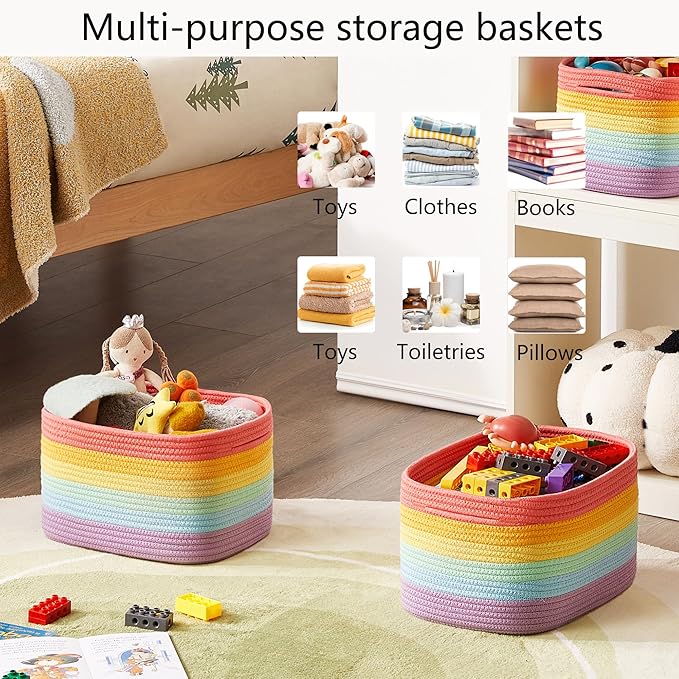 Rainbow Rope Basket for Storage 4 Pack Baskets for Shelves Woven Toy Storage Bins for Nursery Kids in Classroom 12.7"Lx9"Wx7.9"H