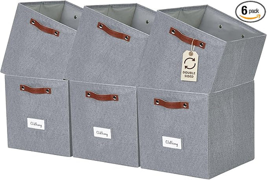 DECOMOMO Storage Cubes, 13x13x13 Storage Cube Bins with Labels, Fabric Organizer Bins (13" / 6pcs, Texture Grey)