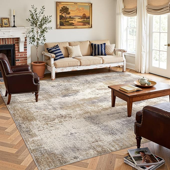 Area Rug Living Room Rugs - 5x8 Washable Large Soft Indoor Neutral Modern Abstract Low Pile Rug Carpet for Bedroom Dining Room Farmhouse Home Office - Brown Grey