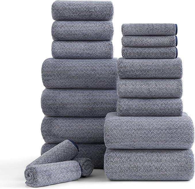18 Piece Bath Towels Set,100% Microfiber Family Bathroom Towel with Hanging Loops-6 Bath Towels,6 Hand Towels,6 Washcloths,Quick Dry Highly Absorbent Shower Towel for Bathroom,Hotel,Spa-Navy