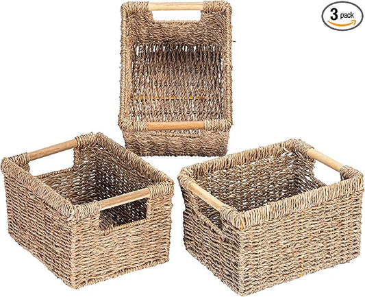 Small Wicker Baskets for Organizing Bathroom, Seagrass Baskets for Storage, Wicker Storage Basket with Wooden Handle, Decorative Small Organizing Basket 10.3 x 7.7 x 6.3 inches - 3 Pack