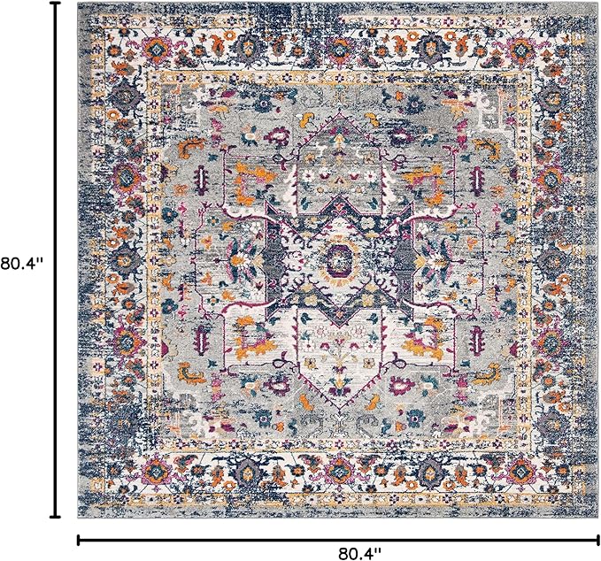 SAFAVIEH Evoke Collection Area Rug - 6'7" Square, Grey & Navy, Oriental Medallion Distressed Design, Non-Shedding & Easy Care, Ideal for High Traffic Areas in Living Room, Bedroom (EVK275G)