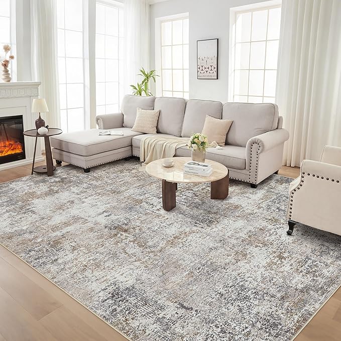 Area Rug Living Room Rugs - 7x9 Abstract Large Soft Indoor Washable Rug Neutral Modern Low Pile Carpet for Bedroom Dining Room Farmhouse Home Office - Brown/Grey/Black