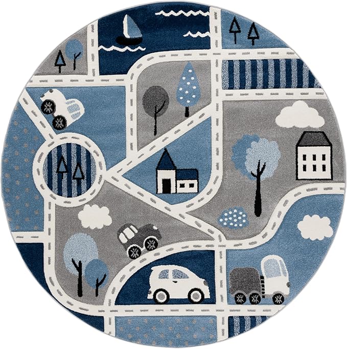 SAFAVIEH Carousel Kids Collection Area Rug - 6'7" Round, Grey & Blue, Non-Shedding & Easy Care, Ideal for High Traffic Areas for Boys & Girls in Playroom, Nursery, Bedroom (CRK193M)