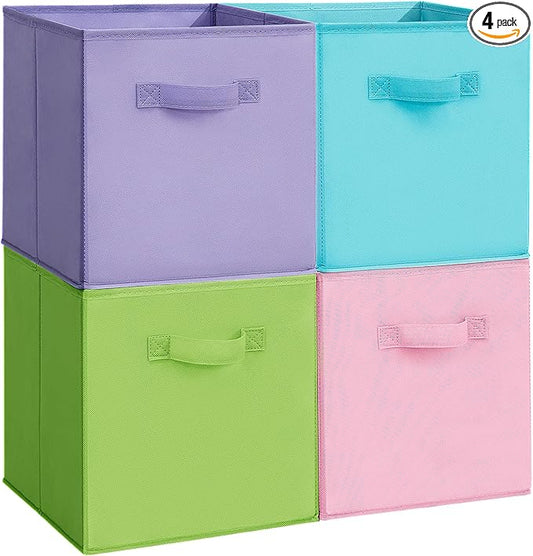 11x11 Storage Bins, Set of 4 Storage Cubes, Collapsible Cube Storage Box, Fabric Closet Organizers with Handles for Home, Office, Closet Shelf Cabinet, Bookcase, Multi-Color