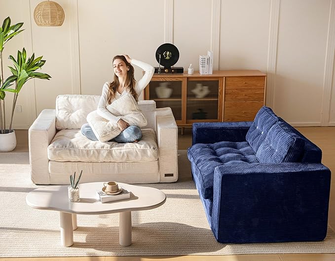 MAXYOYO Convertible Sofa Bed, Pull Out Loveseat Sleeper Sofa, 2 in 1 Folding Couch Bed, Fold Out Floor Couch with Pillows for Living Room Lounge, Navy