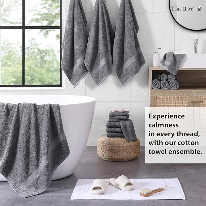 LANE LINEN 100% Cotton Towels for Bathroom - 18 Piece Family Pack - Super Soft & Quick Dry - 4 Bath, 8 Washcloth, 6 Hand Towels - Oeko TEX Certified, Machine Washable & Durable - Cool Grey
