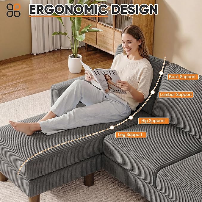 L Shape Sectional Sofa Couch, 3 Seat Convertible Sofa with Movable Ottoman and Side Storage Pockage, Modern Sofa Small Couches for Living Room & Apartment and Small Space (Corduroy, Dark Grey)