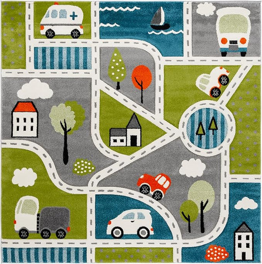 SAFAVIEH Carousel Kids Collection Area Rug - 6'7" Square, Green/Grey, Geometric Design, Ideal for High Traffic Areas in Living Room, Bedroom, Dining (CRK193Y)