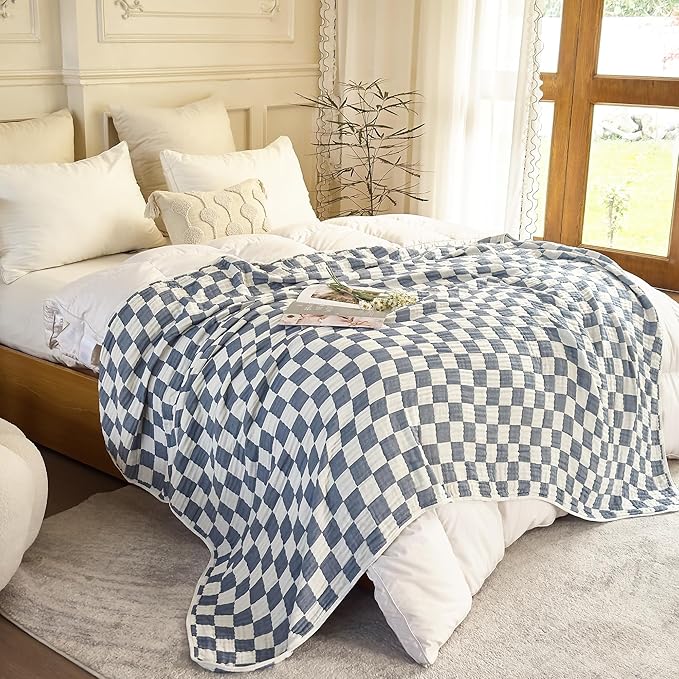 6-Layer Gauze Muslin Blanket 100% Cotton Blue Checkerboard Queen Size 90"x90" Cooling Throw Blanket Lightweight Soft and Breathable Cozy Blanket Bed Coverlet Both Sides (Blue Checkerboard, Queen)
