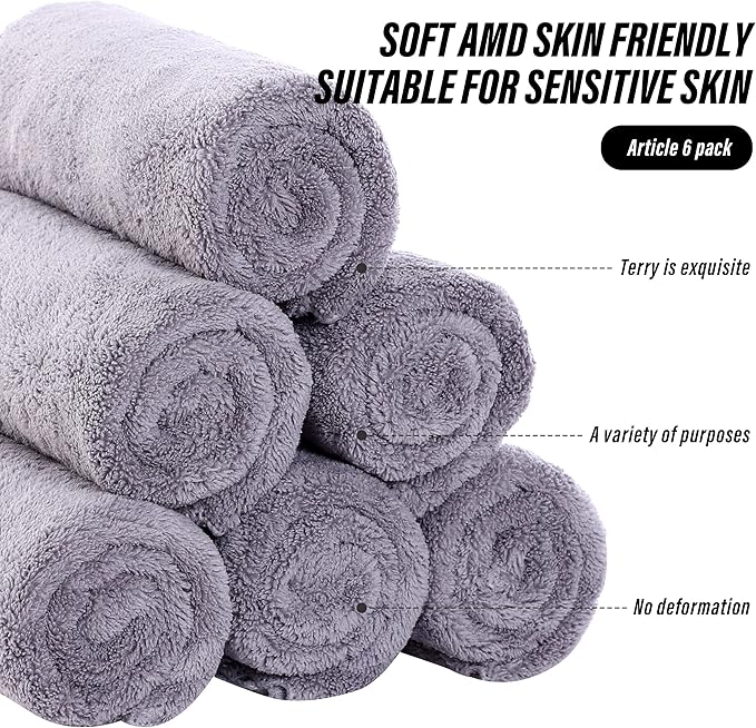 6 Pack Premium Hand Towels - Quick Drying - Microfiber Coral Velvet Highly Absorbent Towels - Multipurpose Use as Hotel, Bathroom, Shower, Spa, Hand Towel 16 x 28 inches (Light Grey)