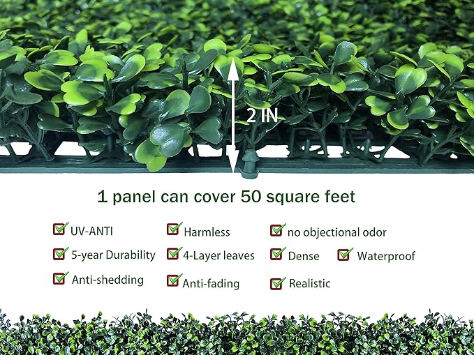 Artificial Boxwood Roll: 5FT X 10FT (50 sqft) UV-Anti Faux Ivy Boxwood Hedge Leaf Grass Wall for Patio Balcony Privacy, Garden, Backyard Greenery Wall Backdrop and Fence Decor