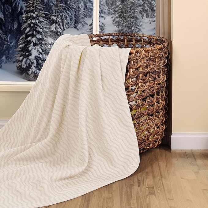 Superior JENA Cotton Blanket, for Picnic, Beach, Traveling or Camping, Bedroom Decor, Essentials, Cover for Bed, Couch, Lounging, Textured Jacquard, Modern Chevron Woven Blanket, Twin, Ivory