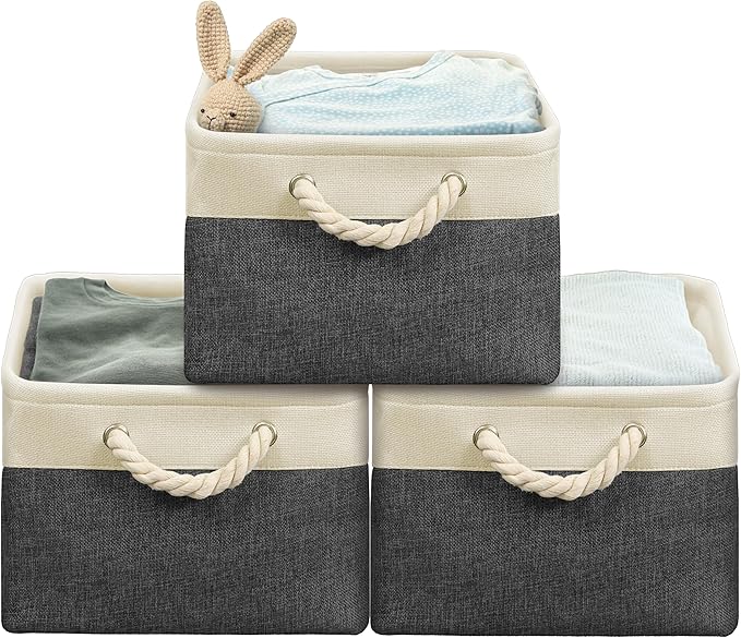 Simple Houseware Large Fabric Storage Bin, 15.7" x 12" with Braided Handles, 3 Pack, Dark Gray