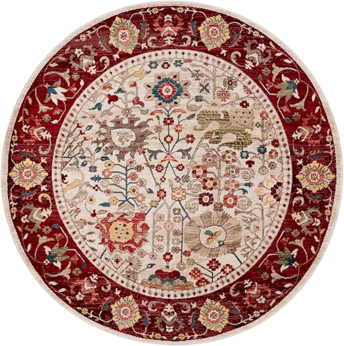 SAFAVIEH Kashan Collection Area Rug - 6'7" Round, Ivory & Red, Non-Shedding & Easy Care, Ideal for High Traffic Areas in The Living Room, Dining, Bedroom (KSN303D)