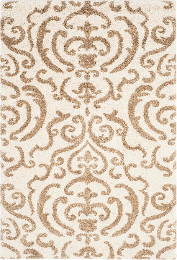 SAFAVIEH Florida Shag Collection Area Rug - 5'3" x 7'6", Cream & Beige, Damask Design, Non-Shedding & Easy Care, 1.2-inch Thick Ideal for High Traffic Areas in Living Room, Bedroom (SG462-1113)