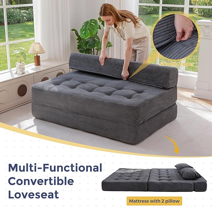 MAXYOYO Folding Sofa Couch, Convertible Floor Sleeper Couch with 2 Pillows, Tufted Floor Loveseat Couch Tufted Fold Out Chair Bed Comfy Sofa Lounge for Living Room Bedroom, Dark Grey