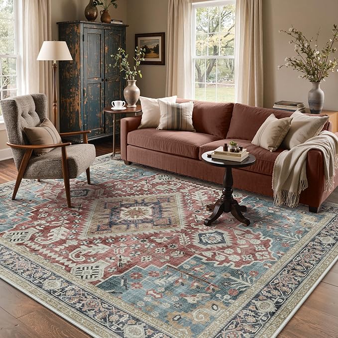 GENIMO 5X7 Washable Vintage Area Rugs for Living Room, Non-Slip Low Pile Chenille Print Rug, Soft Rugs for Bedroom Dining Room Home Office, Indigo & Flush