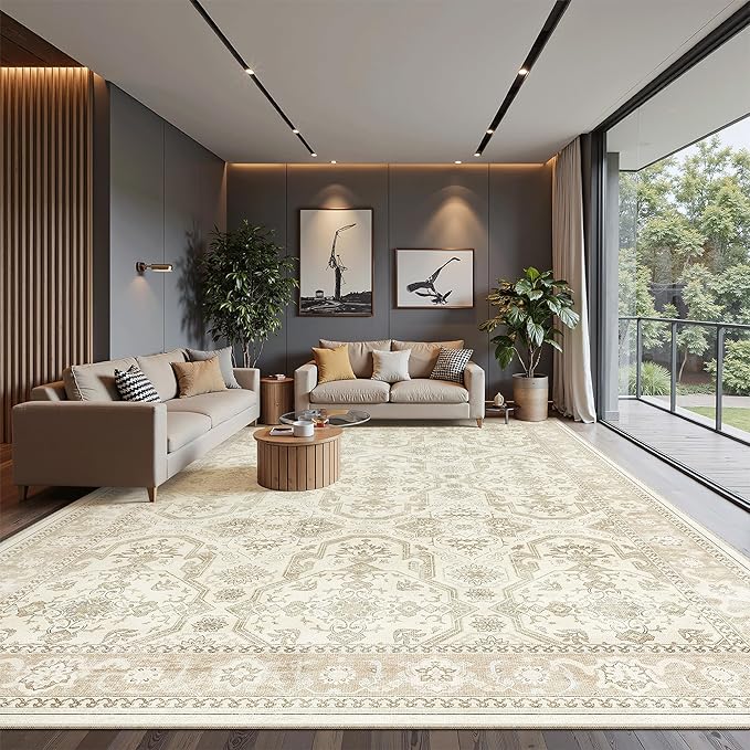 10x14 Area Rugs for Living Room, Non Slip Machine Washable Vintage Rugs, Low Pile Lightweight Large Rug for Bedroom, Dining Room, Home Office Beige/Brown