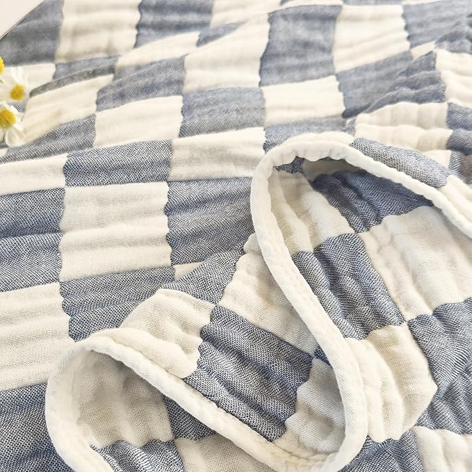6-Layer Gauze Muslin Blanket 100% Cotton Blue Checkerboard Queen Size 90"x90" Cooling Throw Blanket Lightweight Soft and Breathable Cozy Blanket Bed Coverlet Both Sides (Blue Checkerboard, Queen)