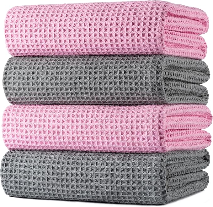 430 GSM Microfiber Oversize Quick Dry Lint Free Bath Towel, 60 x 30 in, 4 Pack (Waffle Weave)