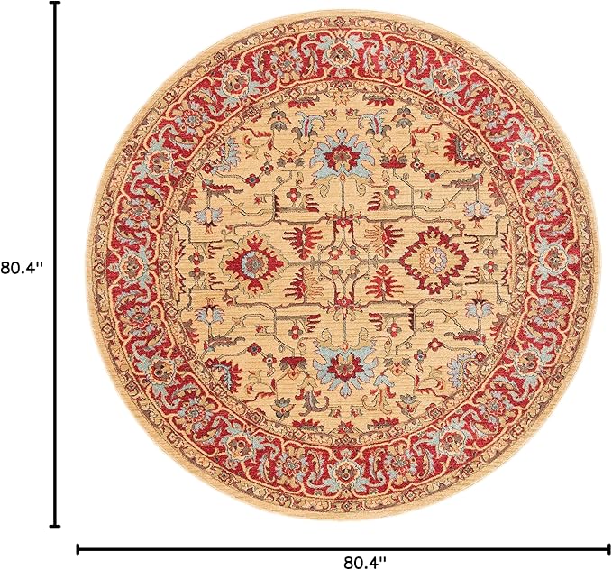 SAFAVIEH Mahal Collection Area Rug - 6'7" Round, Beige & Red, Traditional Oriental Design, Non-Shedding & Easy Care, Ideal for High Traffic Areas in Living Room, Bedroom (MAH693B)