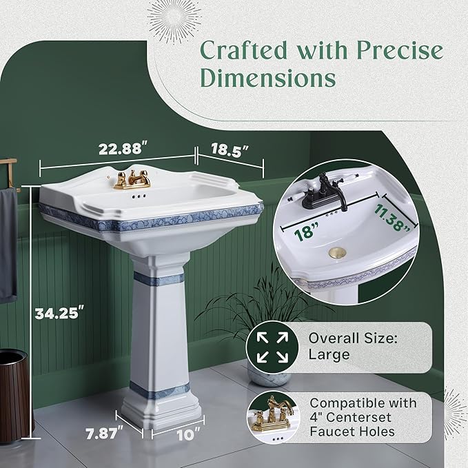 Renovators Supply Manufacturing 23" White Pedestal Bathroom Sink Heavy Duty Porcelain, Blue and Gold Decorative Accents, 4" Centerset Faucet Holes, High Backsplash and Overflow