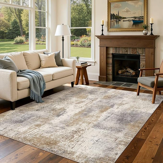 Area Rug Living Room Rugs - 5x8 Washable Large Soft Indoor Neutral Modern Abstract Low Pile Rug Carpet for Bedroom Dining Room Farmhouse Home Office - Brown Grey